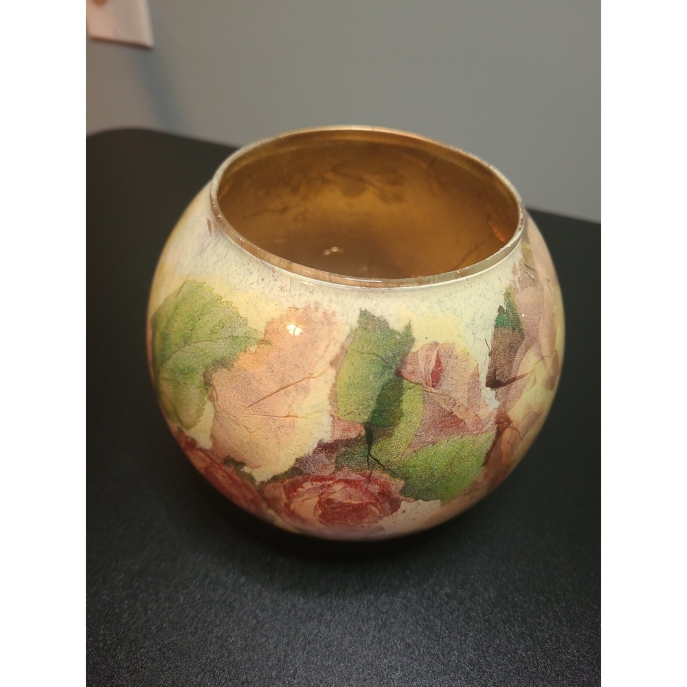 Painted Art Glass Bowl Flowers‎ Multicolor Gold inside